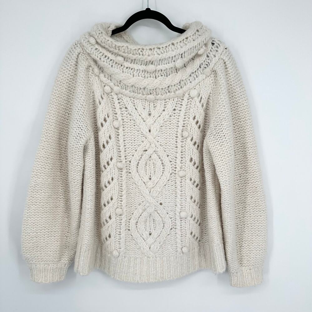 J. Crew Pointelle Pom Pom Sweater Alpaca Wool Blend Chunky Cable Knit Preppy - Picture 4 of 14